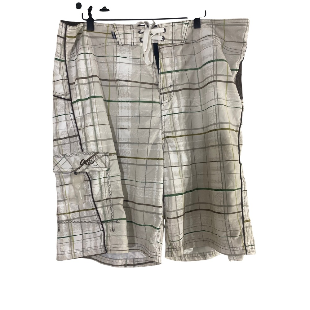 O'Neill Board Shorts Mens 40 White Plaid Excellent Cargo Pocket Swim Trunks